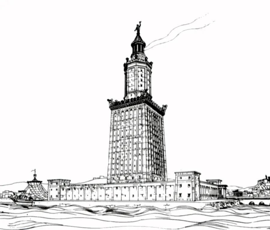 A line drawing of the Lighthouse of Alexandria: a tall square tower on a walled harbour front, narrowing to an octagonal storey and a domed lantern with a statue on top, smoke trailing from it, a sailing boat on the water below.
